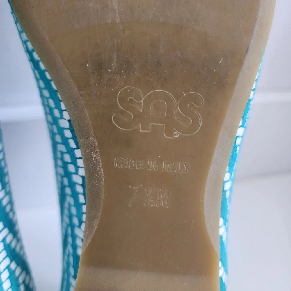 SAS‎ Womens 7.5 Lacey Teal White Chevron Geometric Ballet Flats - $245 MSRP